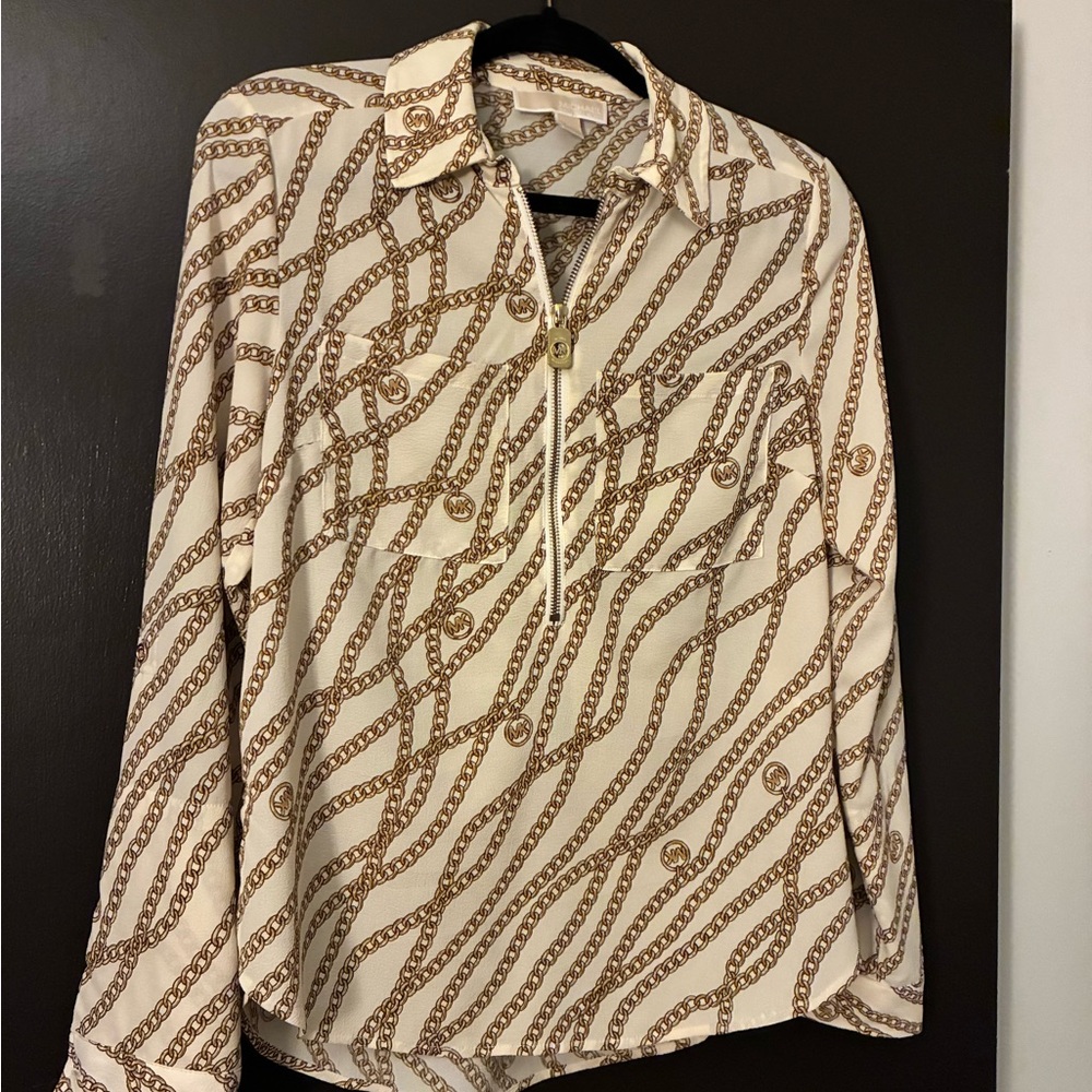 Michael Kors Cream and Brown Chain Pattern Button Down Shirt